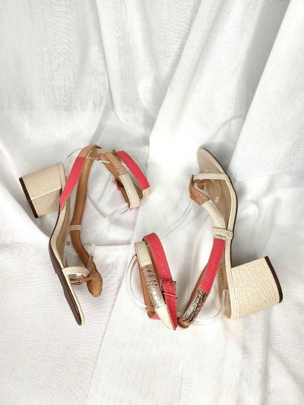Schutz Cleo Snake Block Heel Sandals Metallic Gold Pink Ivory 10 - Picture 8 of 16